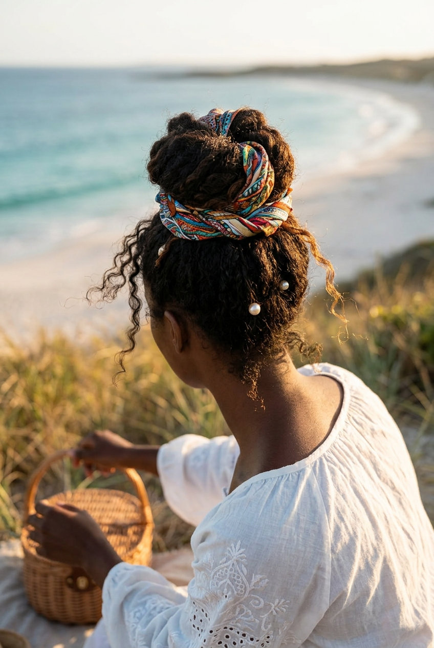 Boho Summer Scarf Bun 2026 long natural hair boho summer scarf bun with colorful scarf, tousled texture, no fringe β casual weekend festival
