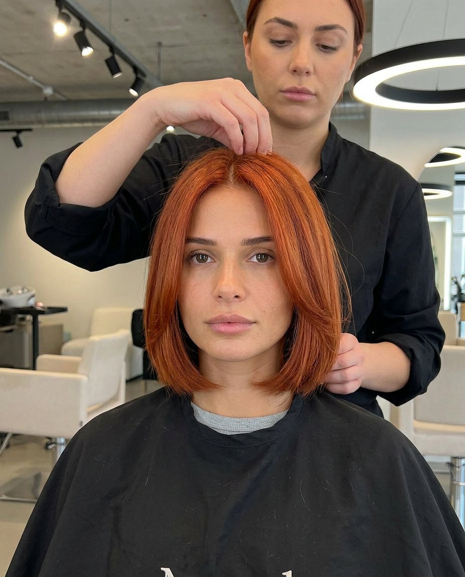 short natural red italian bob with copper undertones, razor-cut perimeter, no fringe — sophisticated event
