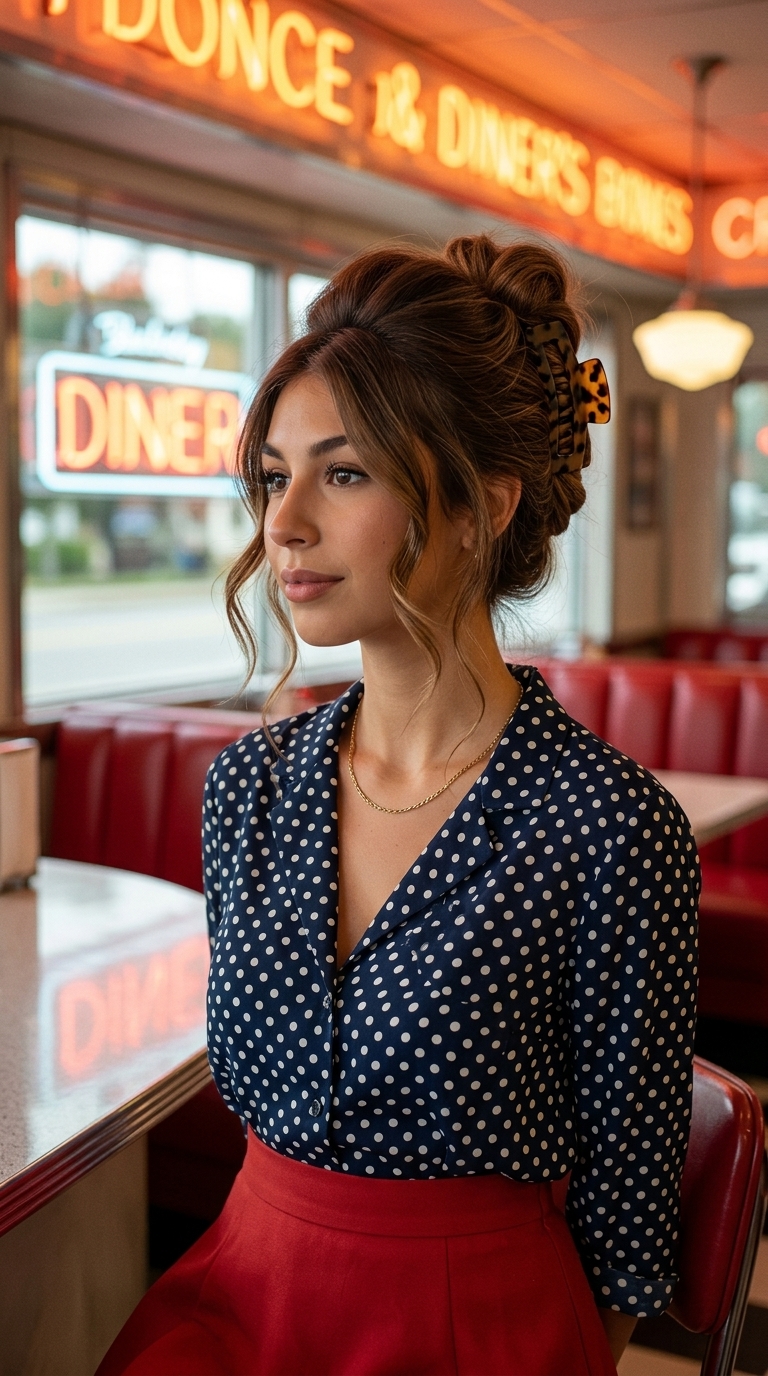 Retro Voluminous Claw Clip Updo 2026 long voluminous updo with natural tones, textured crown and face-framing pieces for summer