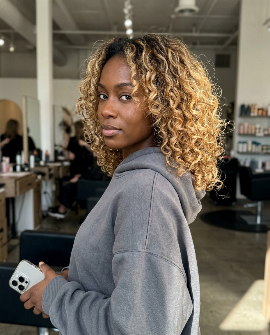 medium-length curly layered cut in nectar blonde with honey and gold reflects for vibrant texture
