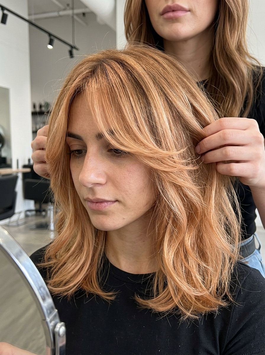 collarbone-length shag haircut in nectarine blonde with honey brown base and face-framing layers for weekend