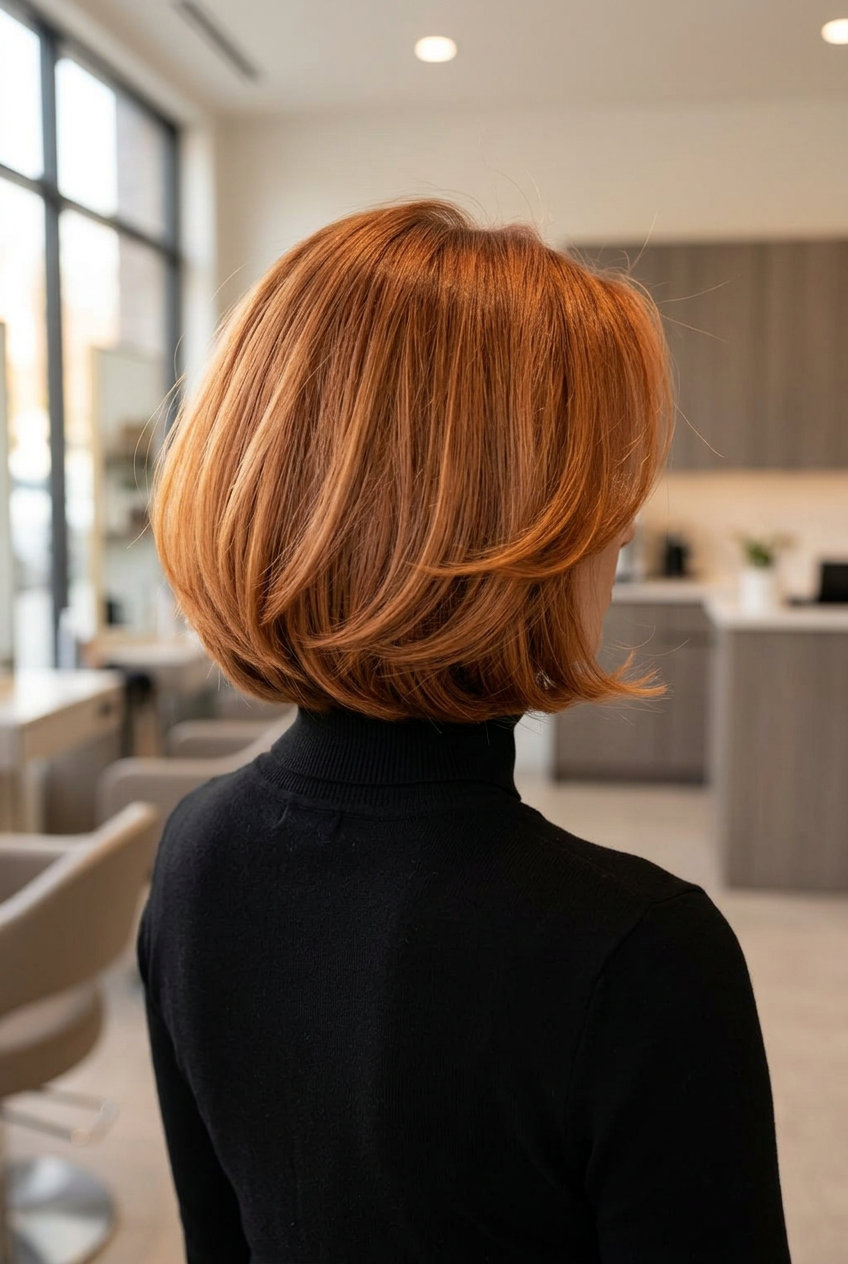 chin-length blunt bob haircut in nectarine copper with gold undertones and rounded shape for summer
