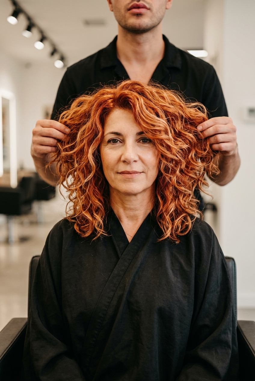 medium curly nectarine copper shag with strawberry blonde babylights, graduated layers — playful