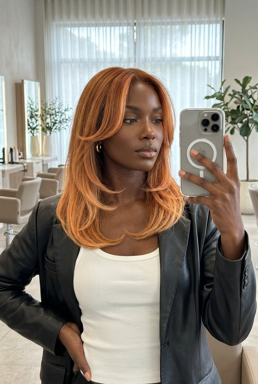 medium nectarine copper ombre with face-framing curve layers and soft U-cut — radiant playful