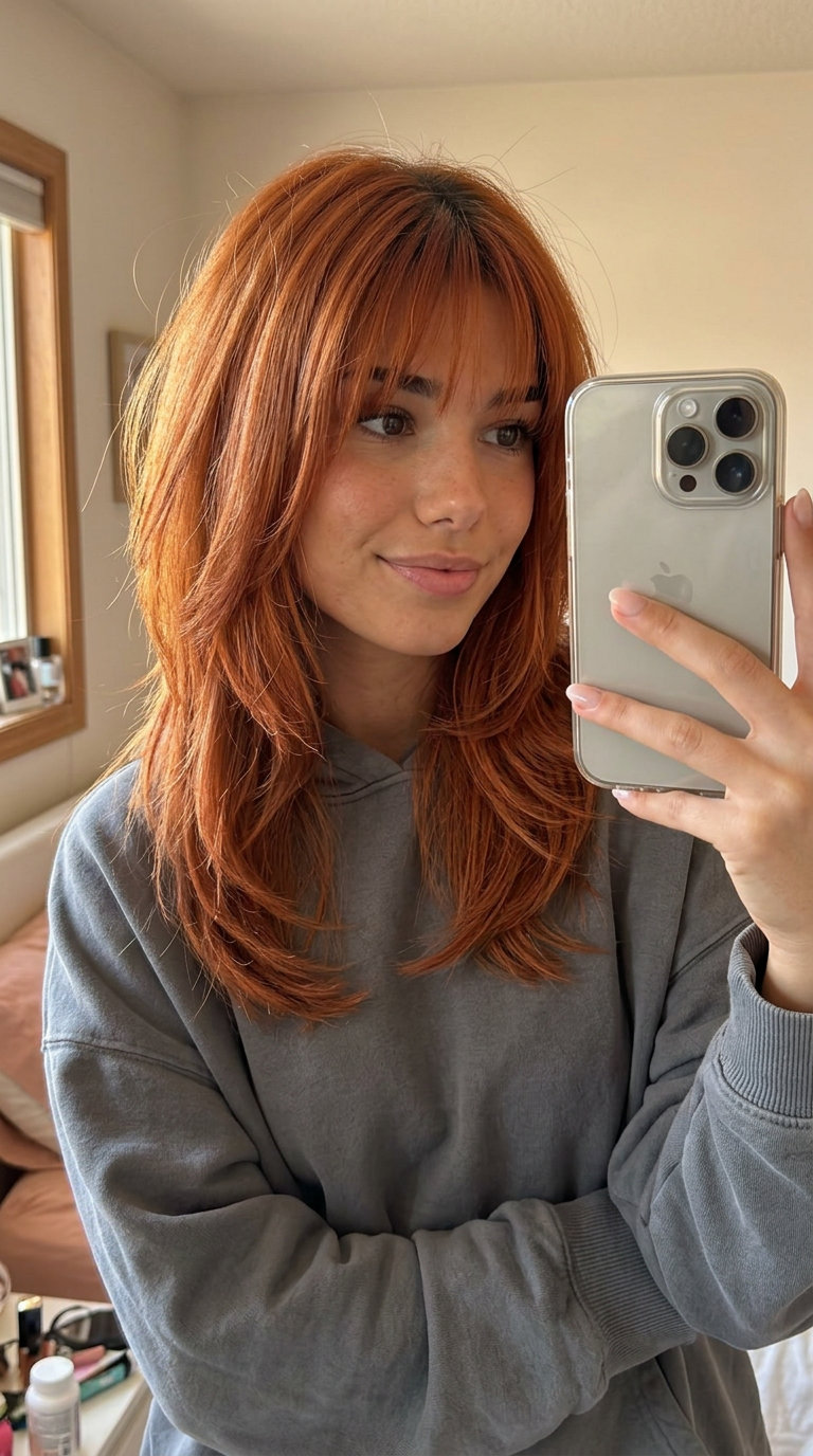 Fiery Nectarine Copper Shag: Summer Haircut 2026 mid-length shag haircut with nectarine copper and golden orange, choppy layers, wispy fringe β bold bohemian