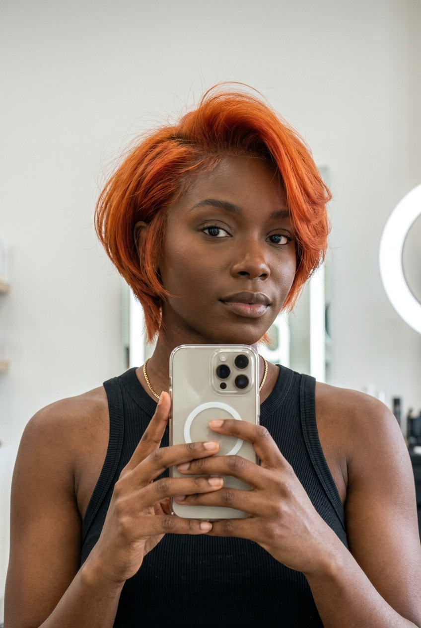 Bold Nectarine Copper Bixie Haircut 2026 short razored bixie haircut in nectarine copper with choppy fringe for summer