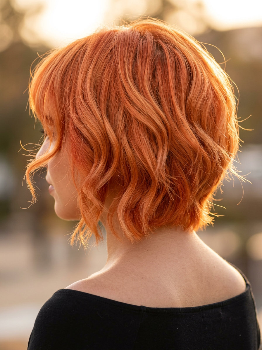 Nectarine Copper Bixie Haircut 2026 short bixie haircut in nectarine copper with golden undertones and soft waves for playful vibes