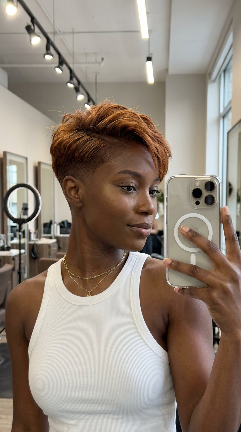 short clipper fade haircut with vibrant nectarine glaze auburn and burnt sienna root