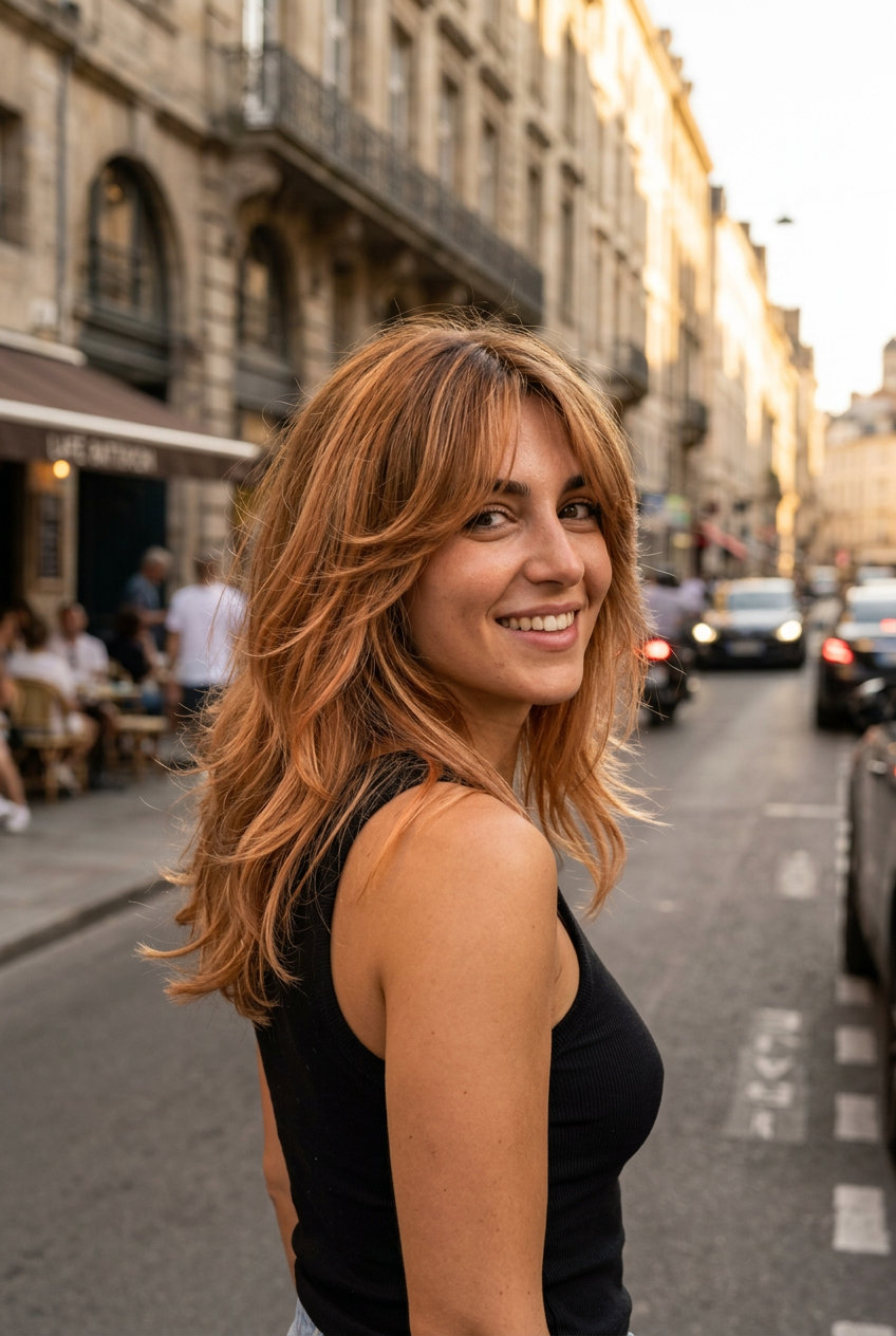 shoulder-length shag haircut with nectarine balayage, air-light technique, curtain bangs — playful, sun-kissed
