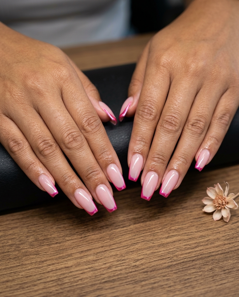 Chrome Pink French Tips 2026 Chrome pink French tips for parties and girls' night out, a chic neon summer nails 2026 look.