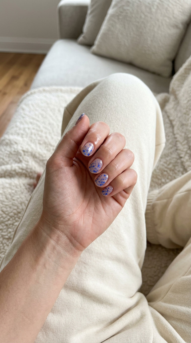 Cobalt Blue Glitter Accents Nails 2026 Cobalt blue glitter accents on clear nails for playful summer gatherings, a whimsical neon summer nails 2026 style.