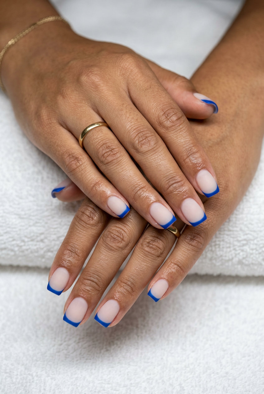 Neon Summer Nails 2026: Cobalt Velvet French Tip Neon summer nails 2026: Cobalt blue velvet French tips on sheer nude for minimalist office wear.