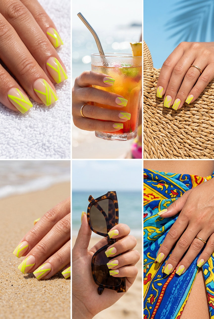 Electric Lime Geometric Lines | Neon Summer Nails 2026 Electric lime geometric lines on a nude base for chic daily wear. Neon summer nails 2026.