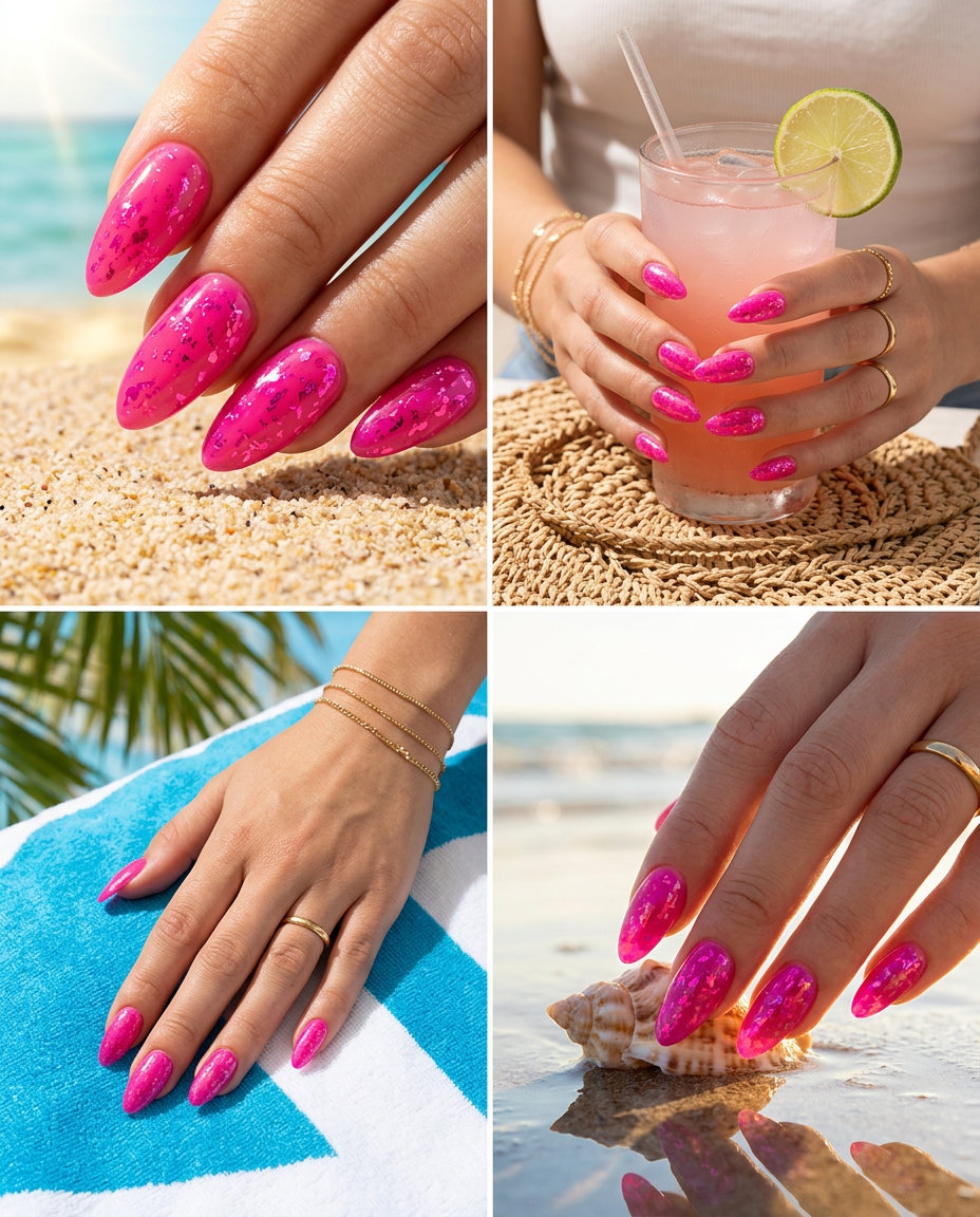 Neon Summer Nails 2026: Hot Pink Foil Flakes Hot pink abstract foil flake nails for music festivals 2026. Glamorous and shimmering.