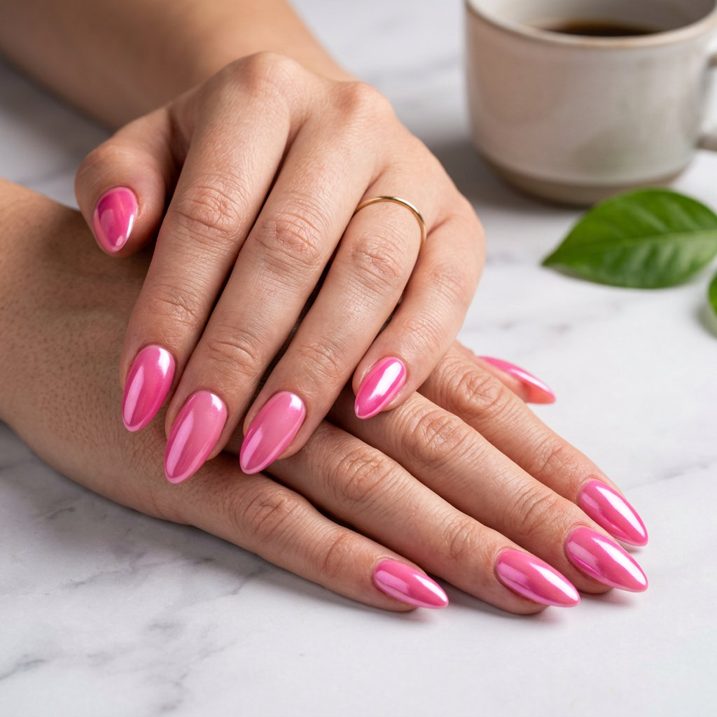 Hot Pink Glazed Donut Nails 2026 Hot pink glazed donut almond nails for neon summer nails 2026, perfect for vacation.