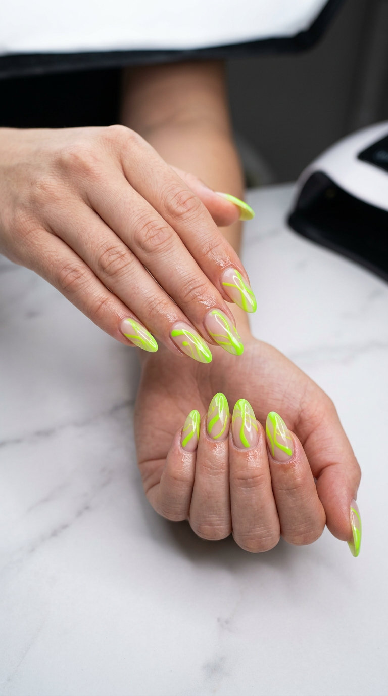 Neon Summer Nails 2026: Lime Drizzle Date Night Neon summer nails 2026: Electric lime abstract drizzle on clear gloss builder gel for date night or art gallery.