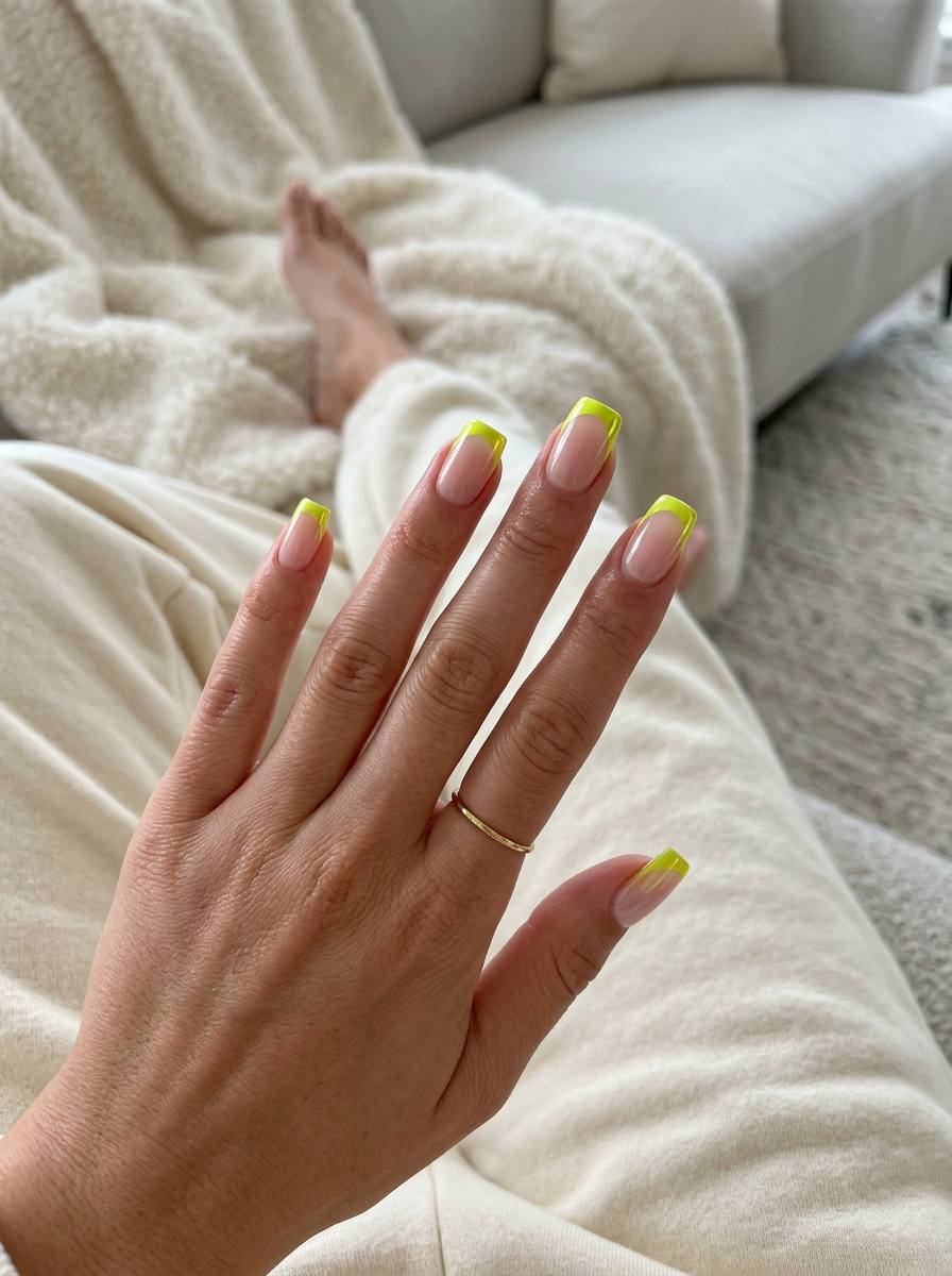Neon Yellow Chrome French Tips 2026 Neon yellow chrome French tips for vacation and festivals, a futuristic neon summer nails 2026 trend.