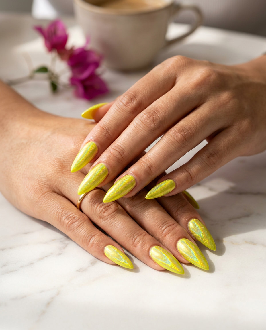 Neon Yellow Holographic Stiletto Nails 2026 Neon yellow holographic stiletto nails for dazzling summer parties, a bold neon summer nails 2026 choice.