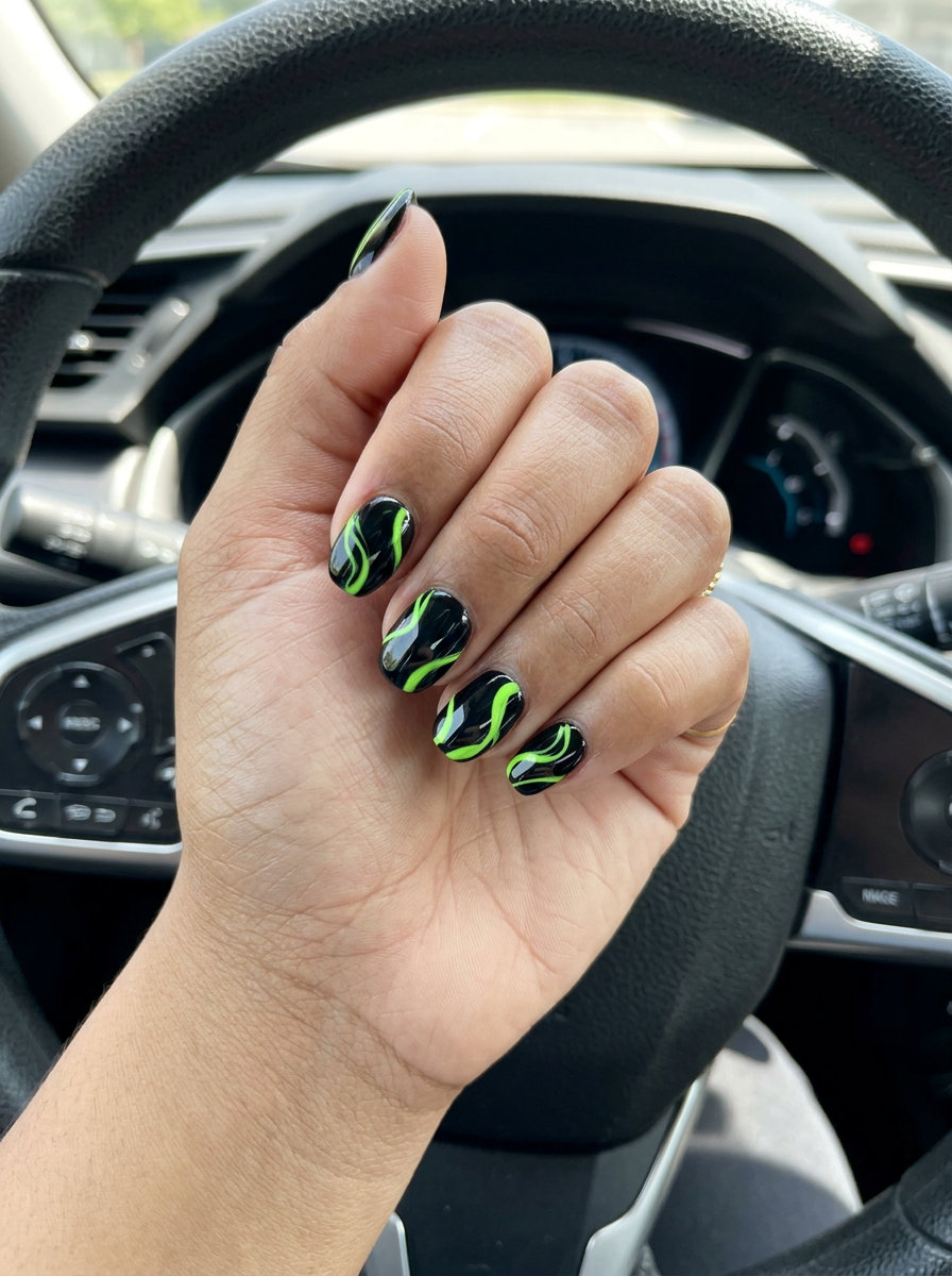 Neon Yellow Marble Coffin Nails 2026 Neon yellow marble coffin nails for formal events, a sophisticated neon summer nails 2026 design.