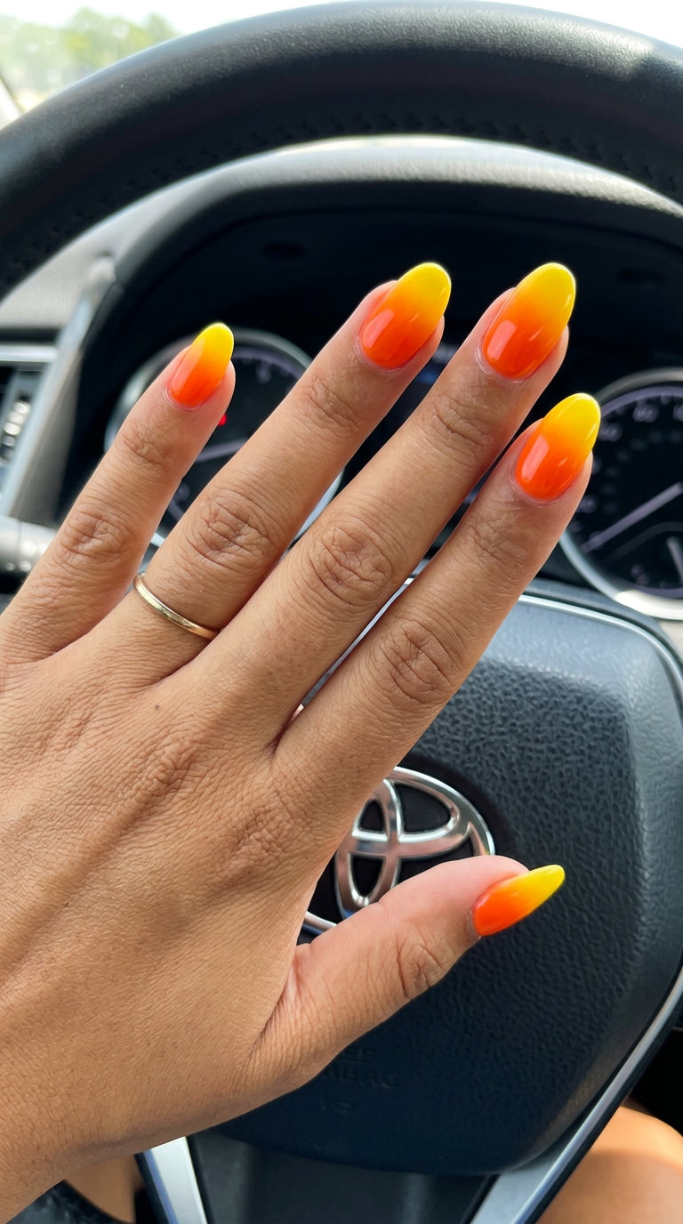 Vivid Orange Sunset Ombre | Neon Summer Nails 2026 Vivid orange to bright yellow sunset ombre for vacation fun. Neon summer nails 2026.