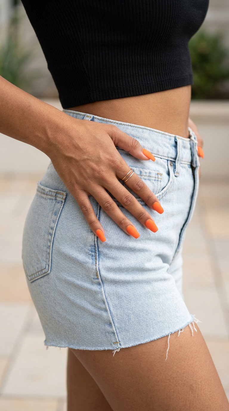 Vivid Orange Velvet Coffin Nails 2026 Vivid orange velvet coffin nails for a sultry date night, a bold neon summer nails 2026 look.