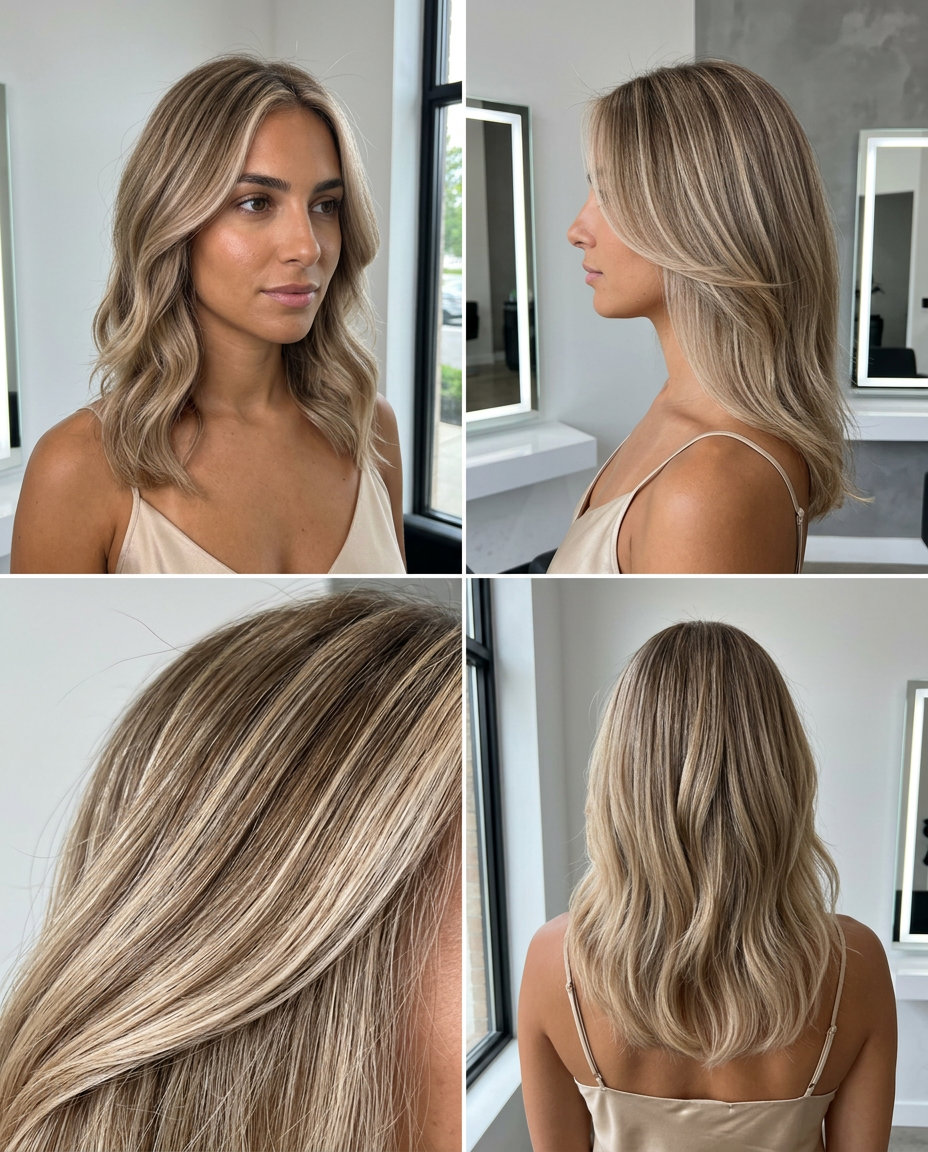 shoulder-length neutral beige blonde babylights with face-framing pieces and no fringe for office