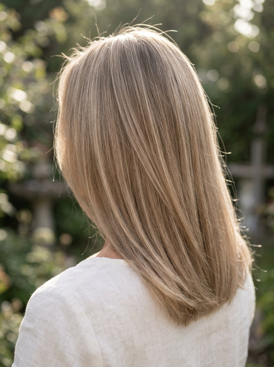 long neutral beige blonde foilayage with diffused root and no fringe for summer vacation