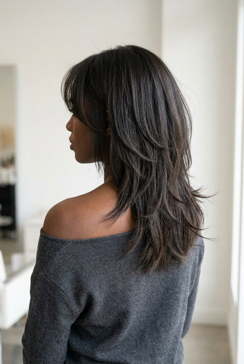 Razor-Edged Butterfly Shag 2026 medium butterfly haircut with neutral brown, charcoal lowlights, razor-cut layers, wispy fringe β edgy weekend casual