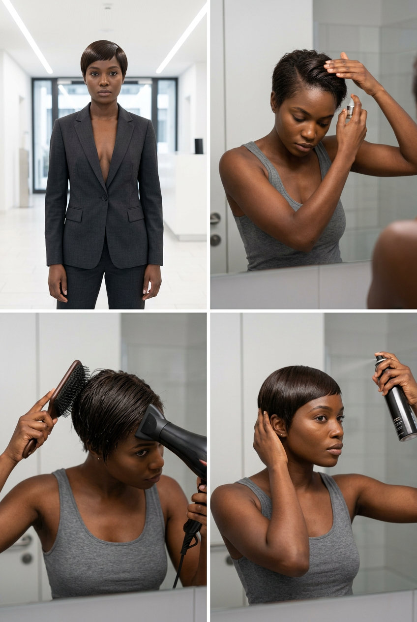 very short laser-cut pixie haircut in deep neutral brown with liquid shine for futuristic looks