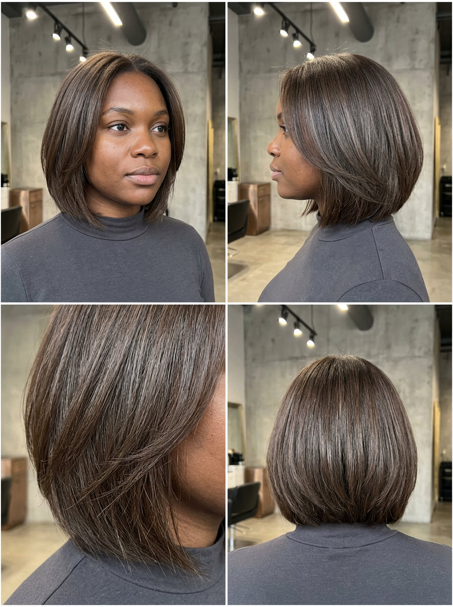 short neutral brunette bob haircut with cool ash lowlights, internal texture, no bangs — sophisticated daily