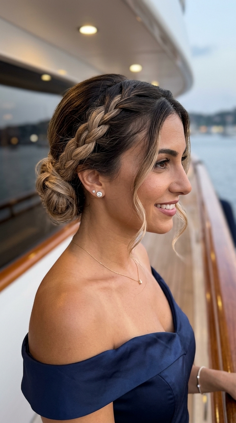 Braided Chignon: Ombre Elegance 2026 long ombre espresso to blonde braided chignon, loose braid, no fringe β elegant wedding guest