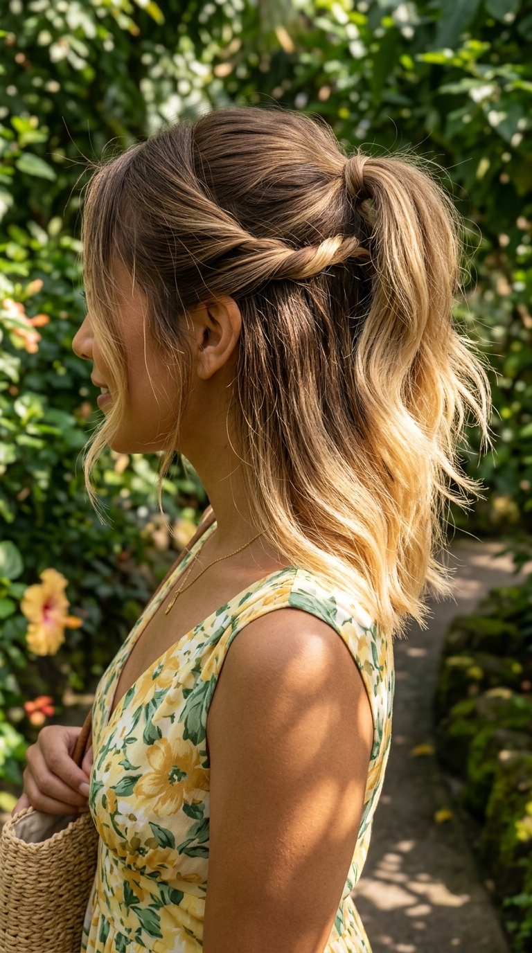Summer Ombre Twist Ponytail 2026: Natural & Sweet long half-up twist ponytail with natural brown & buttercream blonde, twisted sections, face-framing pieces β casual weekend brunch