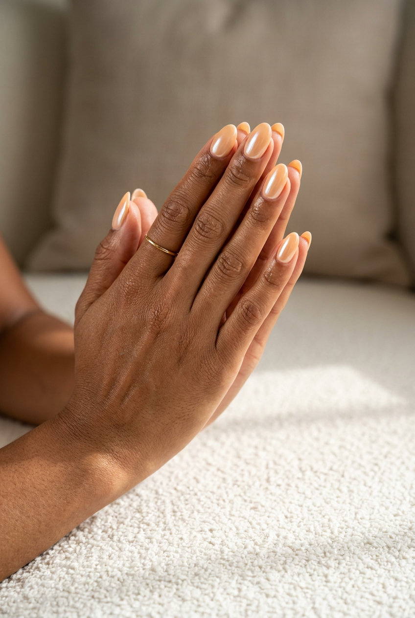 Oval summer nails 2026: Apricot creamy glazed donut finish for sophisticated daily wear.