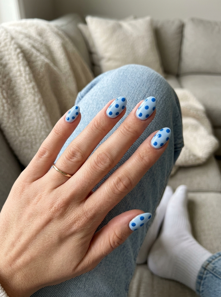 Baby blue polka dot oval summer nails 2026 for all skin tones, perfect for casual weekends and vacation fun.