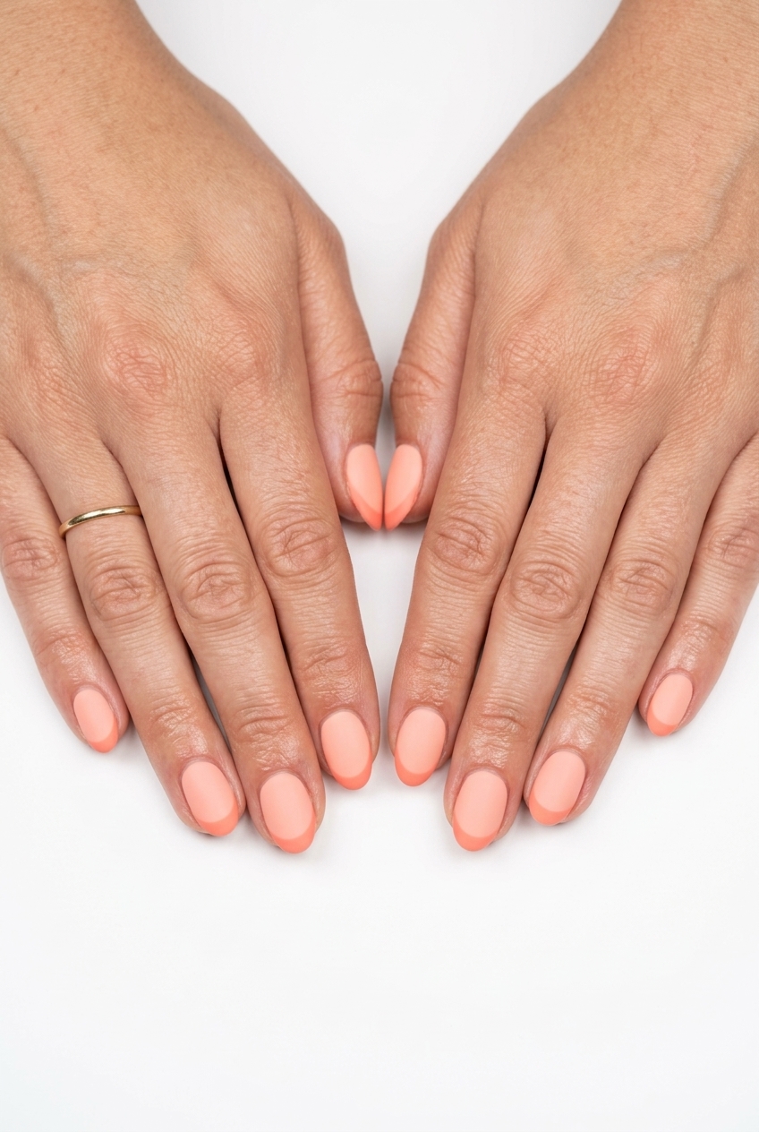 Oval summer nails 2026: Coral creamy matte French tips for sophisticated daily wear.