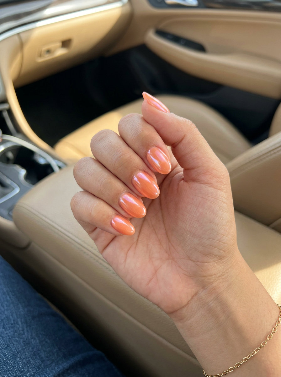 Juicy Peach Glazed Donut oval summer nails 2026 for all skin tones: sheer peach jelly with pearl chrome glaze.
