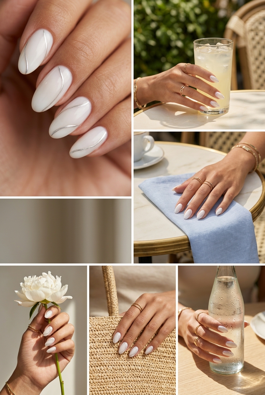 Milky chrome lines oval summer nails 2026 for all skin tones, perfect for formal events and minimalist chic.