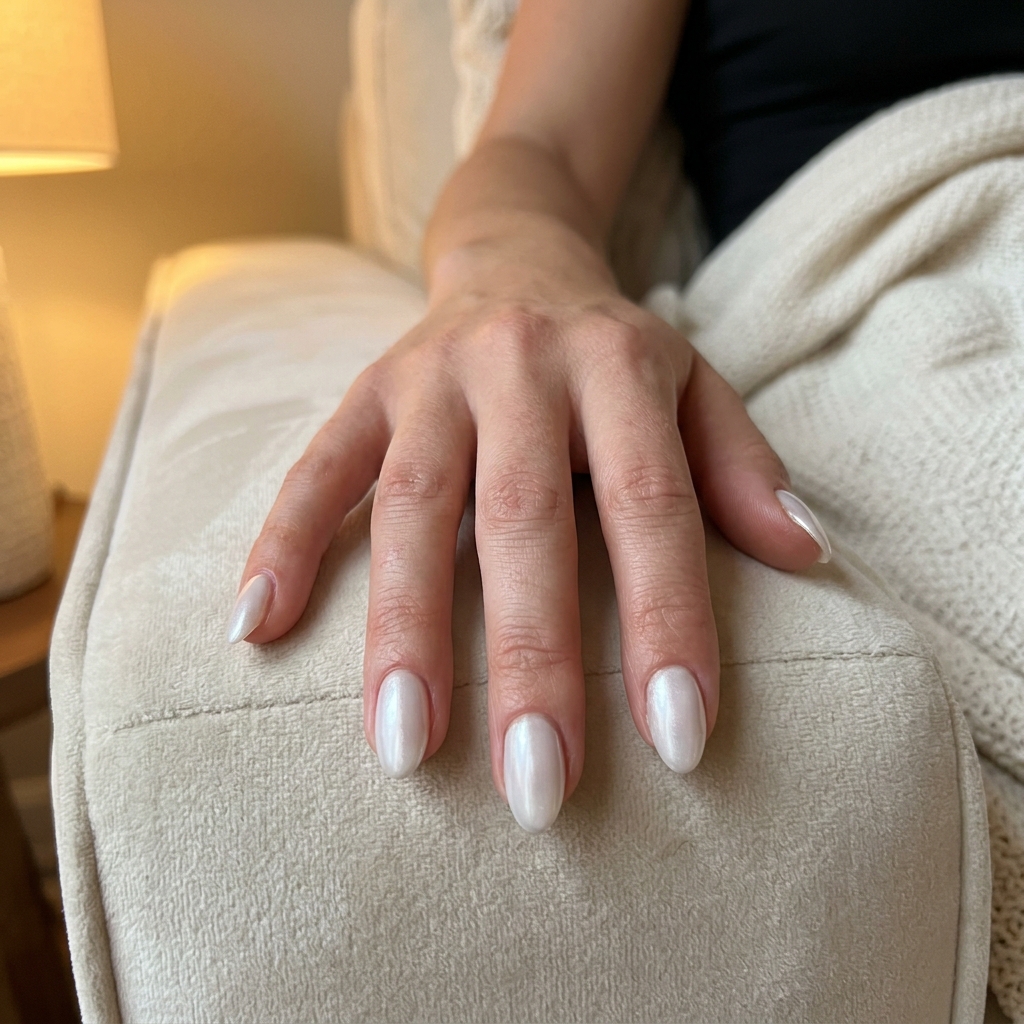 Oval summer nails 2026: Lunar white milky chrome for futuristic party looks.