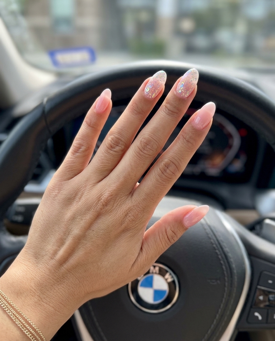 Pale Pink Holographic Flake Accents oval summer nails 2026 for all skin tones: glamorous sparkle.
