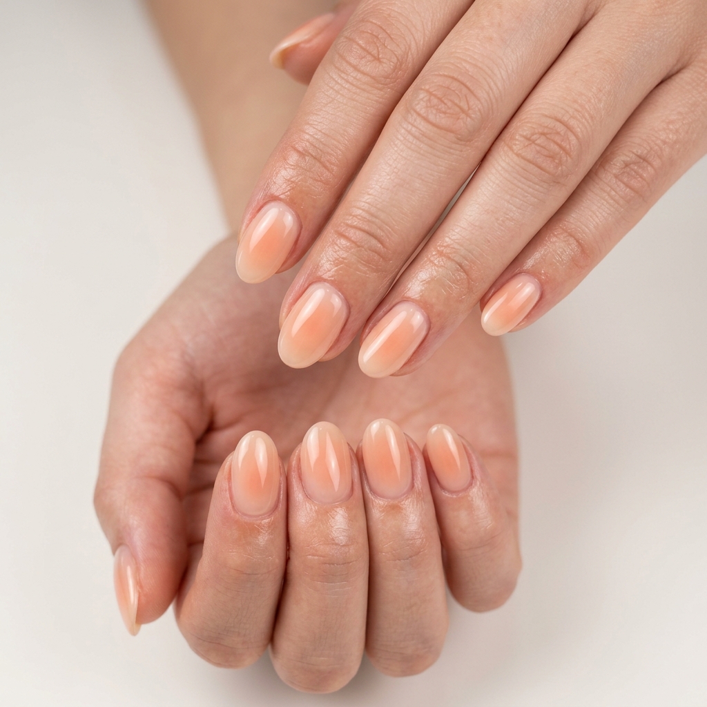 Peach Cloud Aura oval summer nails 2026 for all skin tones: romantic, ethereal, soft peach.