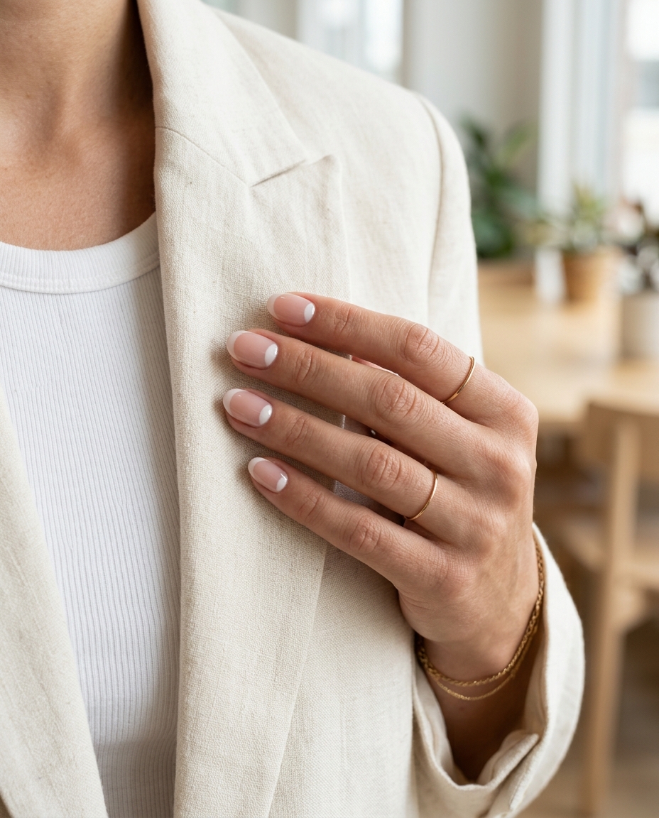 Soft Pink Moon French oval summer nails 2026 for all skin tones: minimalist nude pink with white moon.
