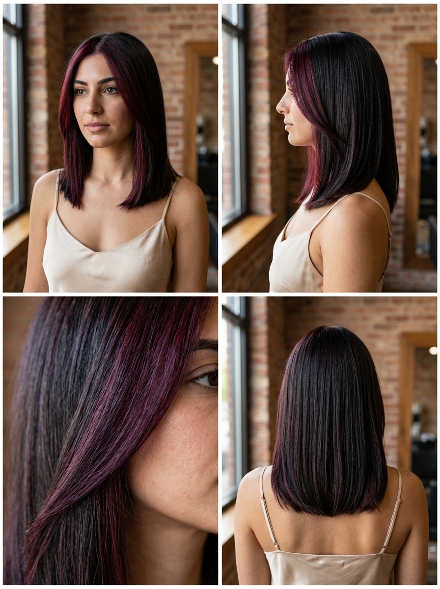mid-length blunt oxblood burgundy money pieces on dark base for edgy look