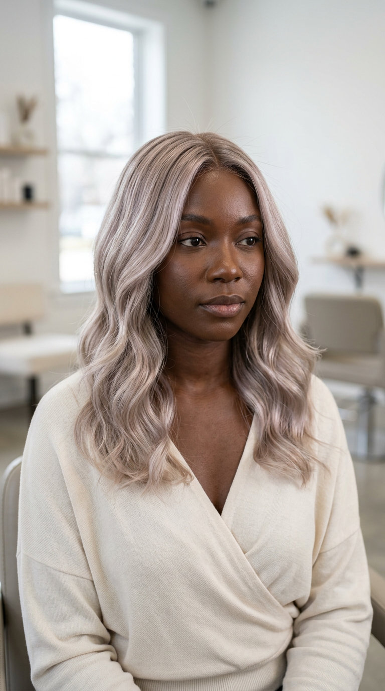 long oyster shell blonde babylights with pearly silver-beige and muted cream, ultra-fine highlights — ethereal summer vacation
