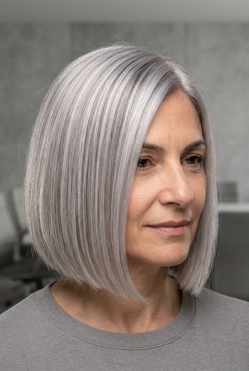 chin-length bob haircut with oyster shell silver and platinum micro-highlights, blunt perimeter, deep side part — professional board meeting