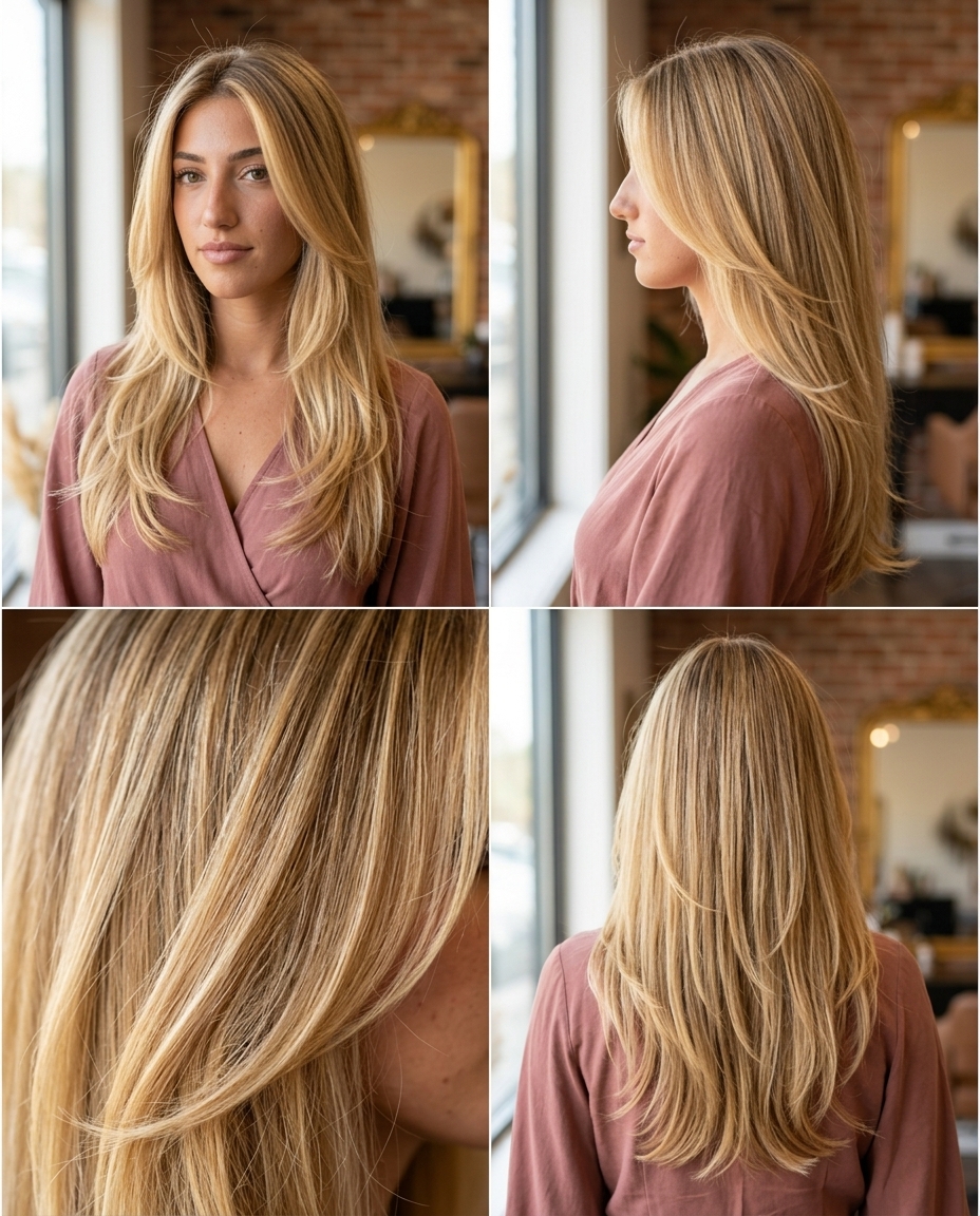 long layered cut with pale honey blonde and golden babylights, V-shape back, face-framing layers — romantic luminous