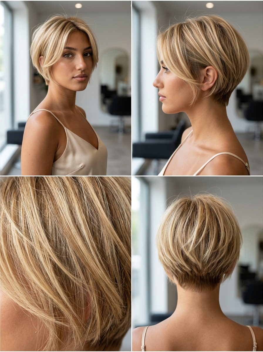 short pale honey blonde crop with golden highlights and tapered sides for modern style