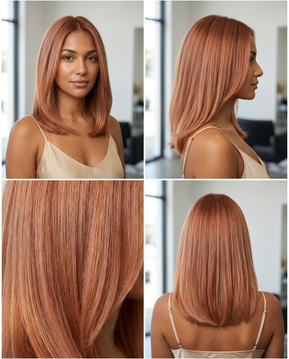 mid-chest length pastel nectarine auburn with soft blunt cut and center part for fresh look