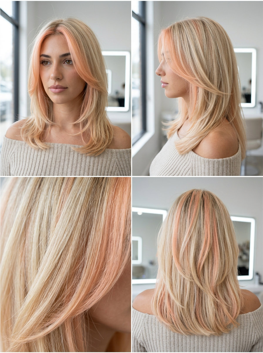medium-length pastel peach money pieces on creamy blonde base, face-framing layers — playful whimsical style