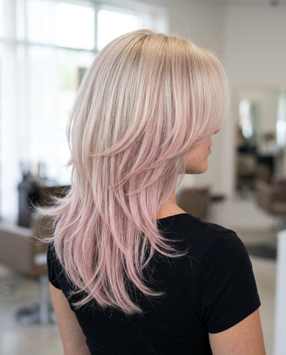 Whimsical Pastel Pink Butterfly Hair 2026 medium-length pastel pink butterfly haircut with rose gold accents, wispy point-cut layers for festival