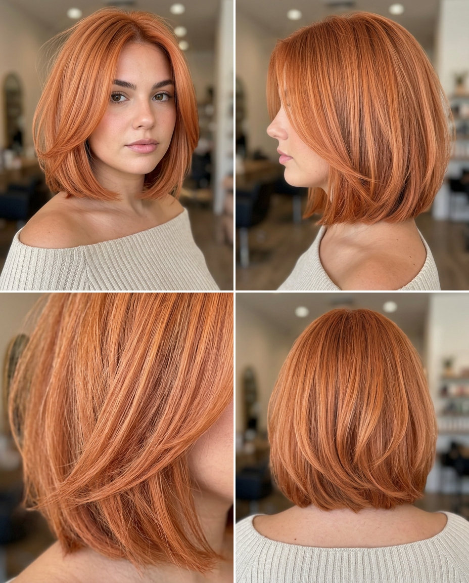 chin-length bob haircut with peach copper, apricot undertones, textured edge — soft romantic style